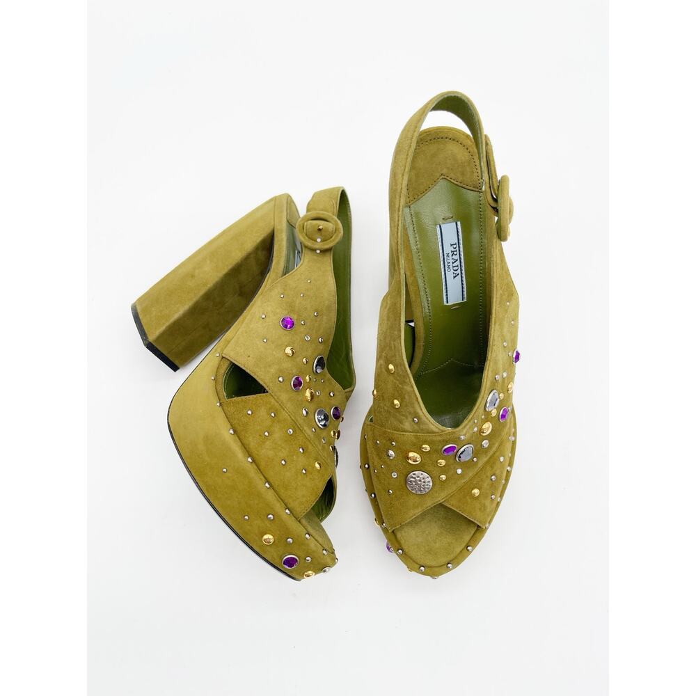 Prada Chartreuse Green Suede Multicolor Crystal Studded Platform Sandals IT 40.5